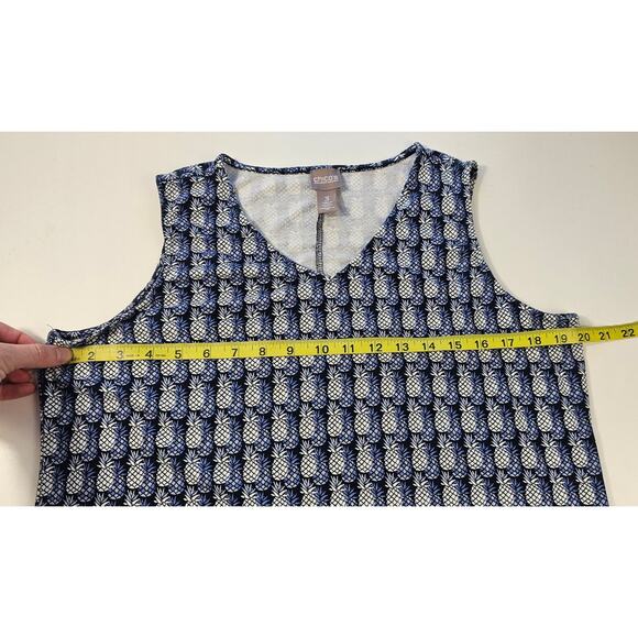 Chicos pineapple print hawaiin vacation casual dress midi blue sleevless 3 (XL) - Picture 7 of 7